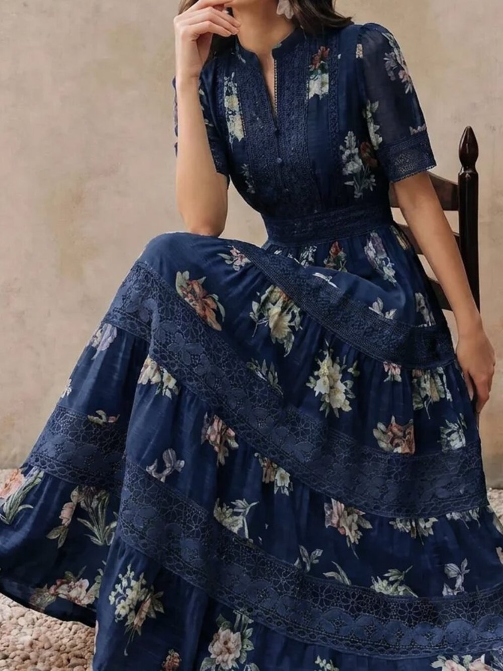 Blue Boho Women's Embroidery Puff Sleeve High Waist A-Line Long Dress - Picture 3 of 7